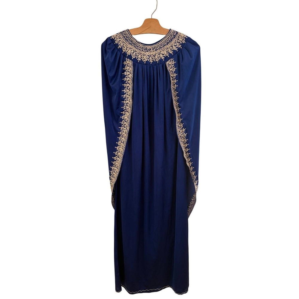 Vintage 70s Navy‎ Blue Embroidered Kaftan Maxi Dress Large XL Boho Goddess